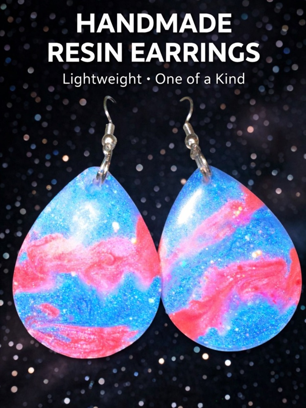 Handmade Resin Earrings Teardrop Blue Pink Galaxy Glitter Lightweight Earrings